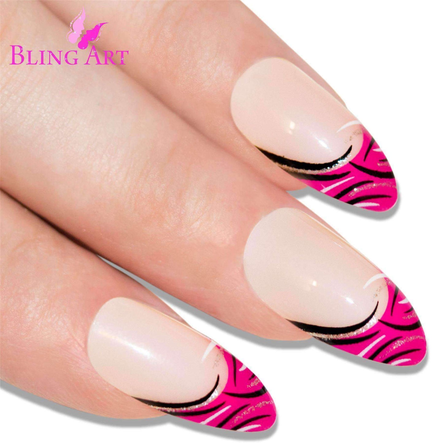 False Nails by Bling Art Glitter Pink 24 Almond Stiletto Long Fake