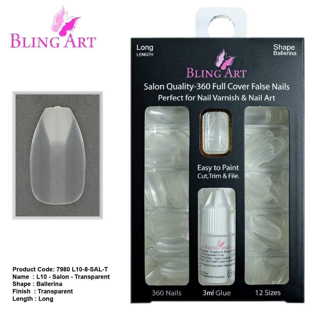 False Nails by Bling Art 360 Coffin Ballerina Long Transparent Acrylic