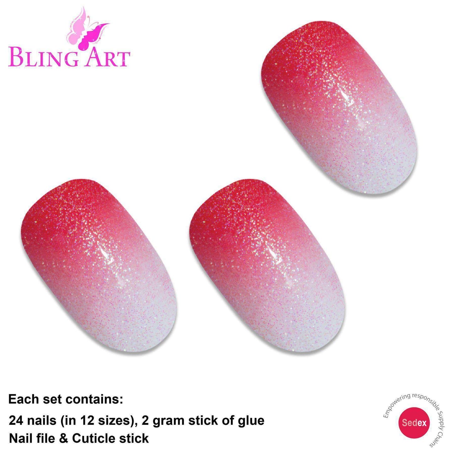 False Nails by Bling Art Red Gel Ombre Oval Medium Fake Acrylic 24