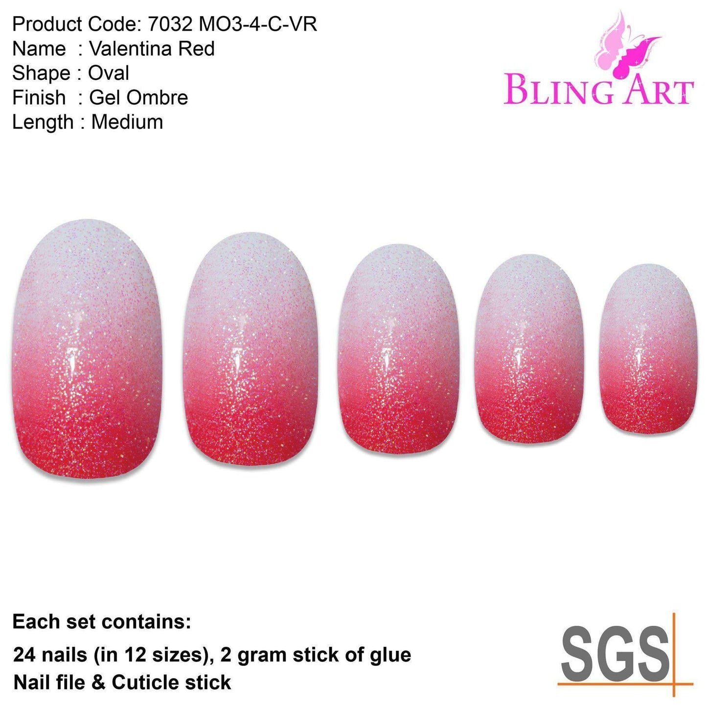 False Nails by Bling Art Red Gel Ombre Oval Medium Fake Acrylic 24