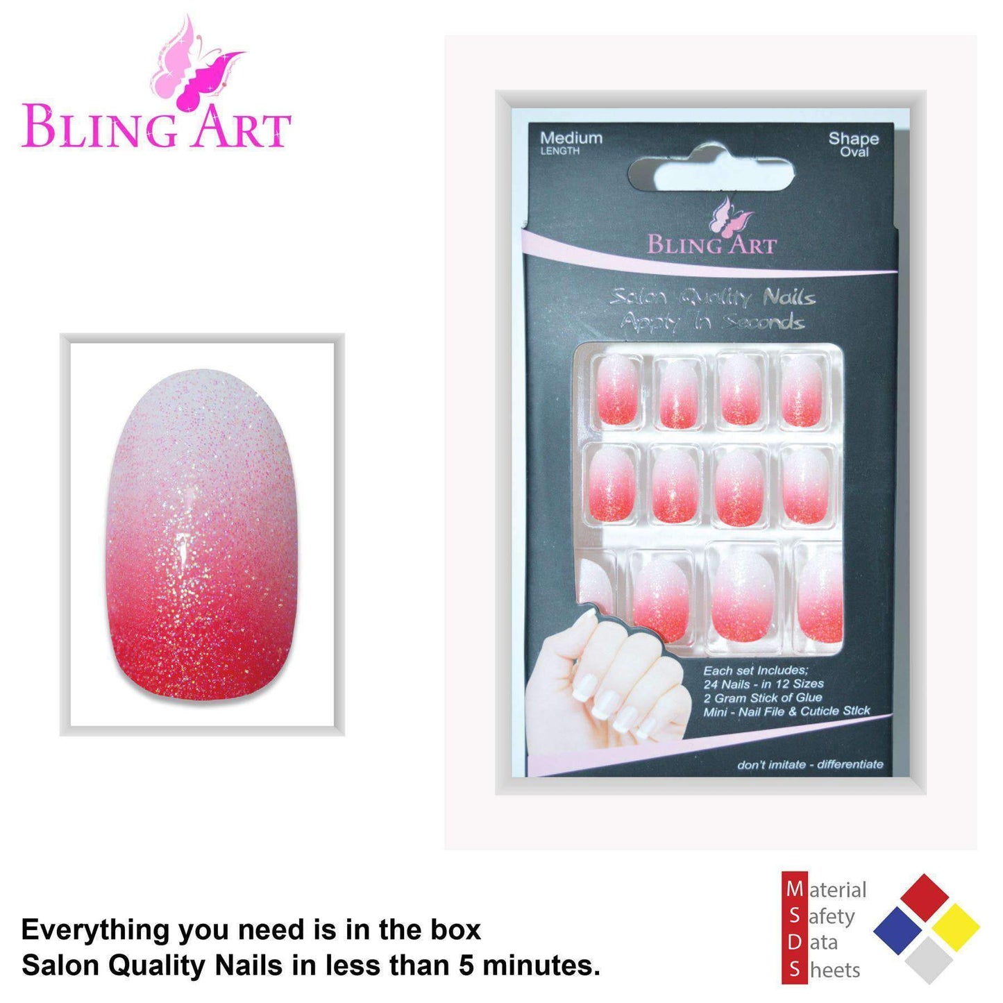 False Nails by Bling Art Red Gel Ombre Oval Medium Fake Acrylic 24