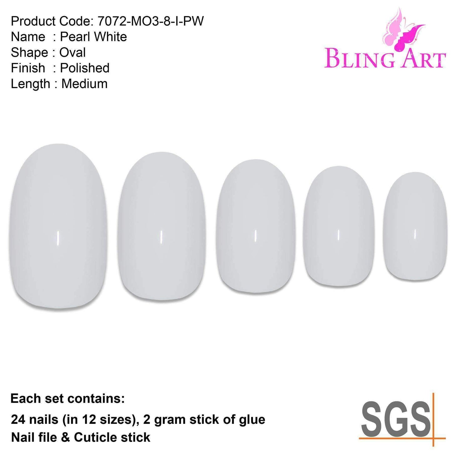 False Nails by Bling Art White Polished Oval Medium Fake 24 Acrylic