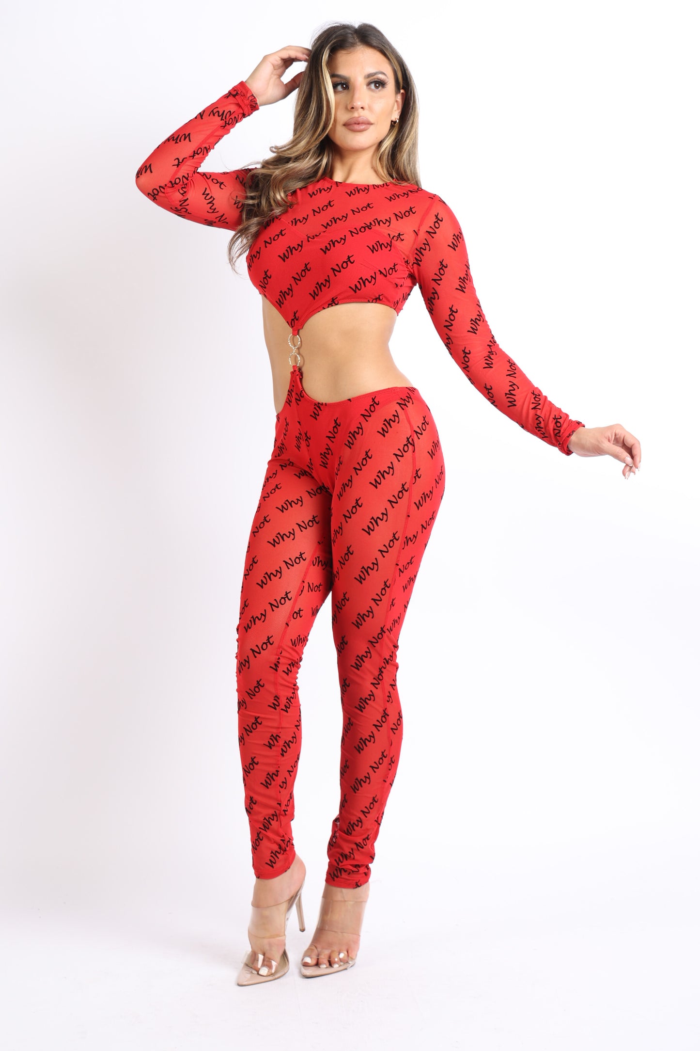 Lettering Printed Cutout Double O-Ring Mesh Sexy Jumpsuit RED