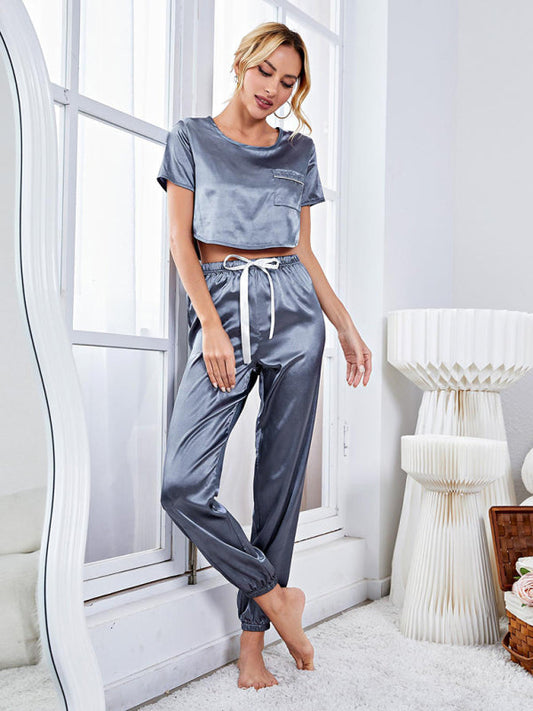 Satin Short Sleeve Long Pajama Pants Homewear Set