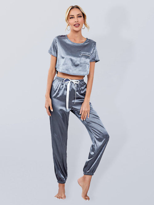 Satin Short Sleeve Long Pajama Pants Homewear Set