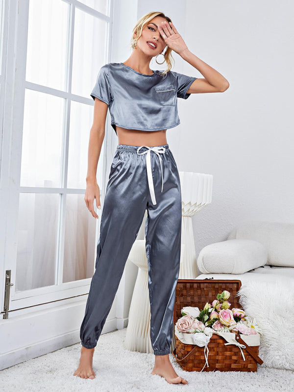 Satin Short Sleeve Long Pajama Pants Homewear Set