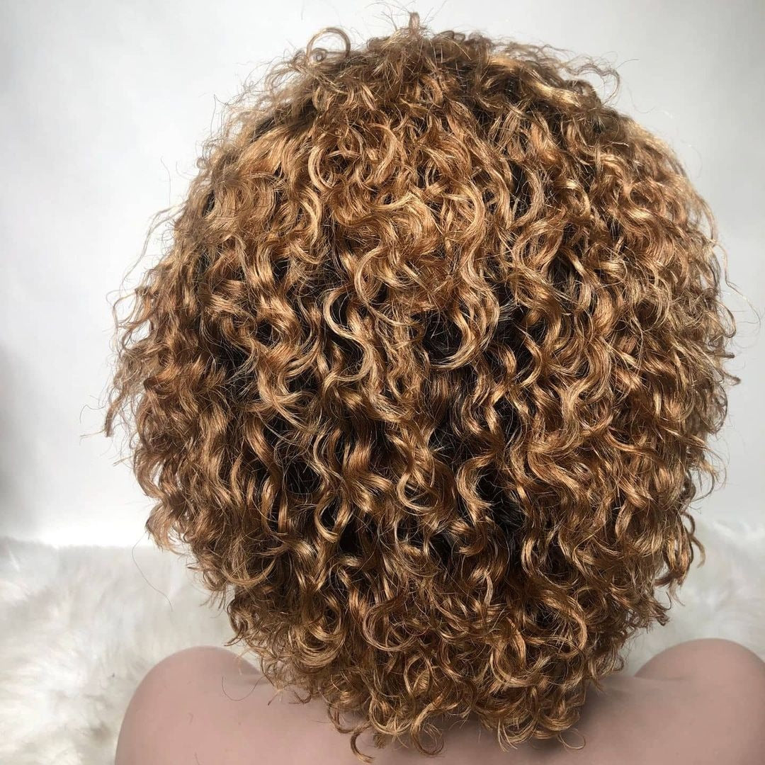 Ombre Short Pixie Cut 13x4x1 T Lace Front Curly Human Hair Wigs 8 Inch