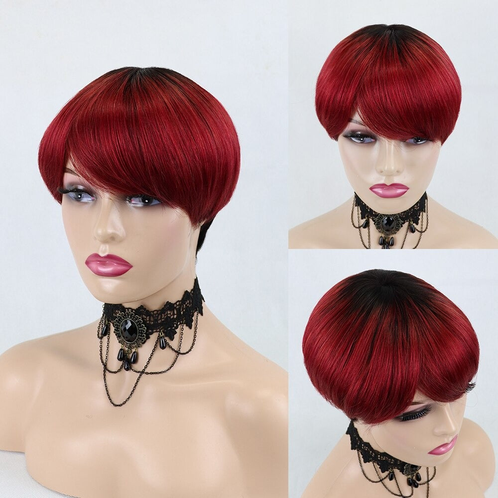 6inch #Burg Pixie Short Cut 100% Straight Human Hair Wig with Bangs Br