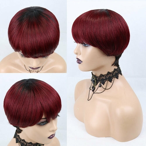 6inch #Burg Pixie Short Cut 100% Straight Human Hair Wig with Bangs Br