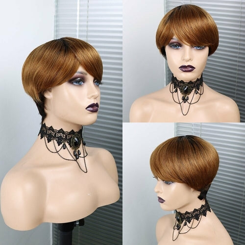 6inch #Burg Pixie Short Cut 100% Straight Human Hair Wig with Bangs Br