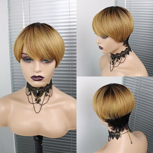 6inch #Burg Pixie Short Cut 100% Straight Human Hair Wig with Bangs Br