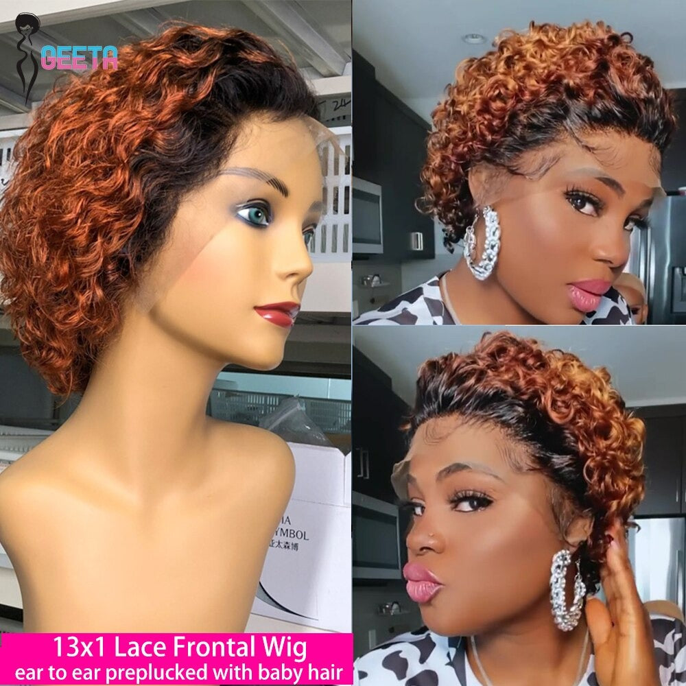 Ombre Short Pixie Cut 13x4x1 T Lace Front Curly Human Hair Wigs 8 Inch