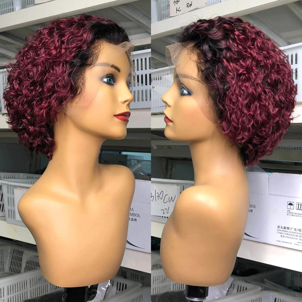 Ombre Short Pixie Cut 13x4x1 T Lace Front Curly Human Hair Wigs 8 Inch