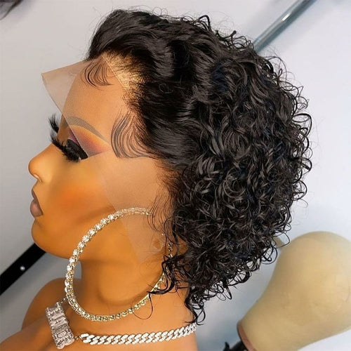 Ombre Short Pixie Cut 13x4x1 T Lace Front Curly Human Hair Wigs 8 Inch