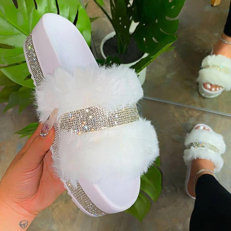 Cute Women Fur Slides Lady Furry Slippers Bling Rhinestone Summer