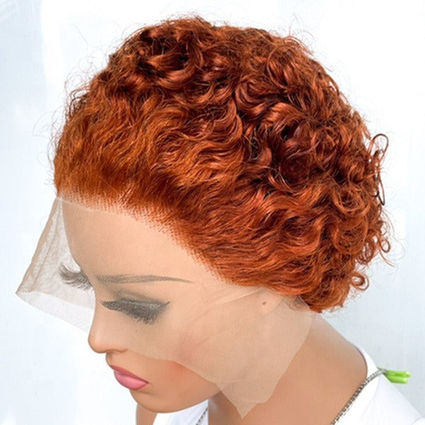 Ombre Short Pixie Cut 13x4x1 T Lace Front Curly Human Hair Wigs 8 Inch