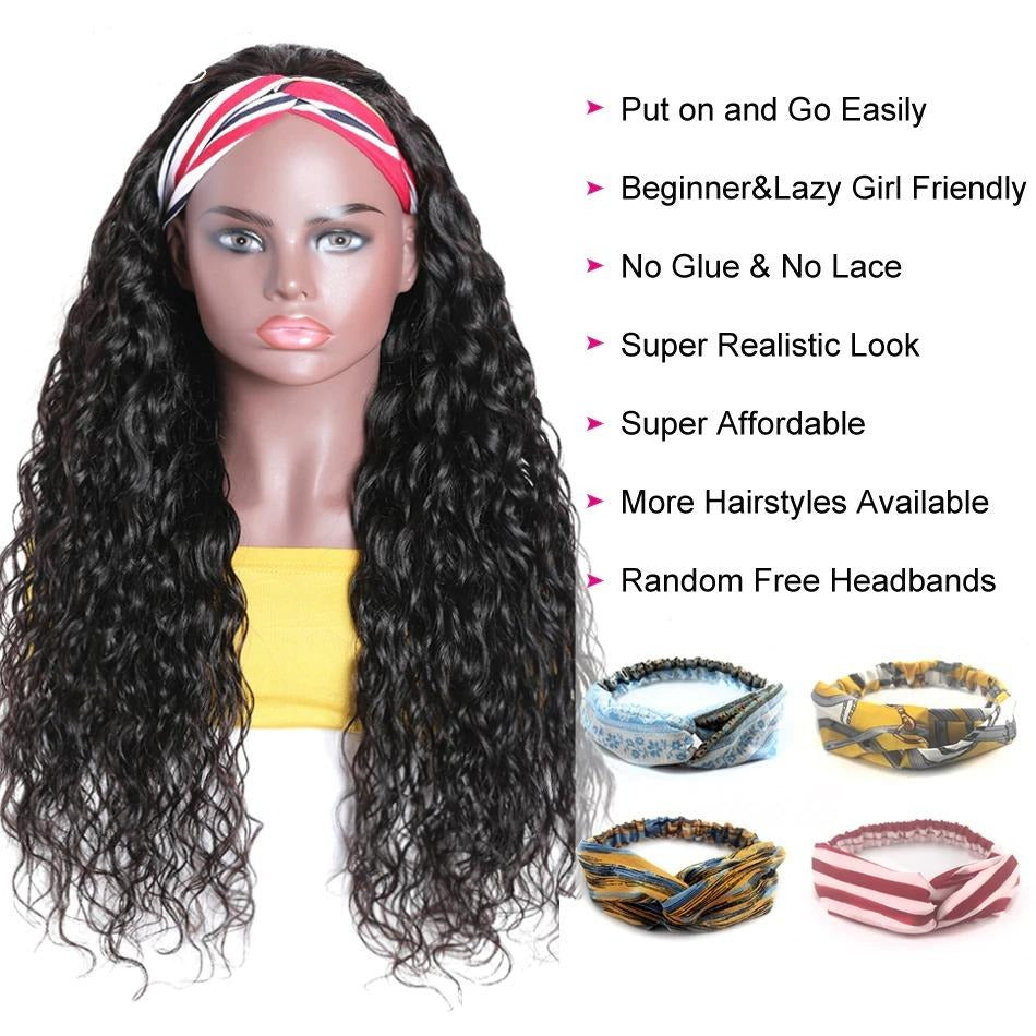 Headband Wig Water Wave Human Hair Scarf Wig No GLUE Easy Wear