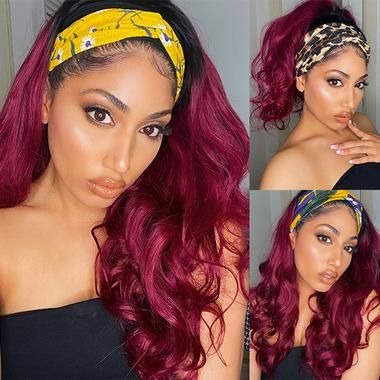 Burgundy Headband Body Wave Human Hair Wig #99J  Scarf Wig No GLUE Eas