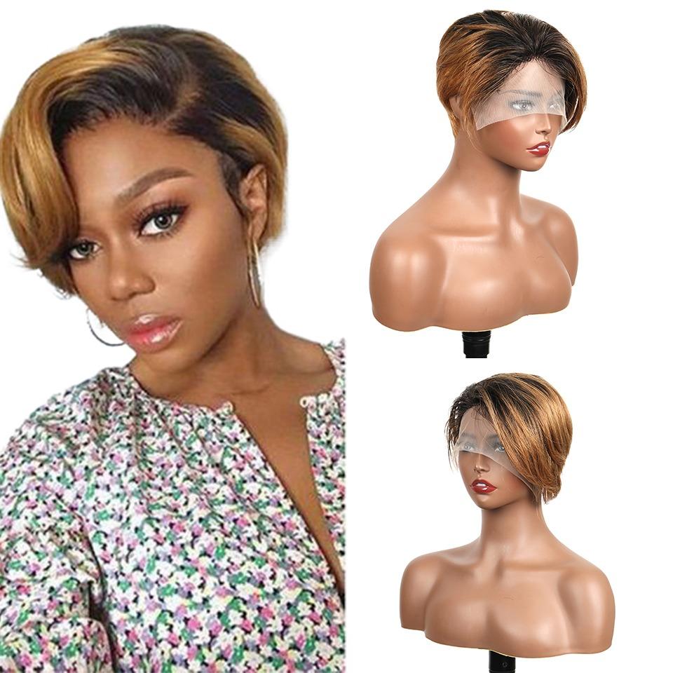 Ombre Short Bob Pixie Cut 13x4x1 T Lace Front Straight Human Hair Wigs