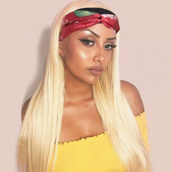 Straight 1B/613 Headband Human Hair Wigs For Black Women Blonde Scarf